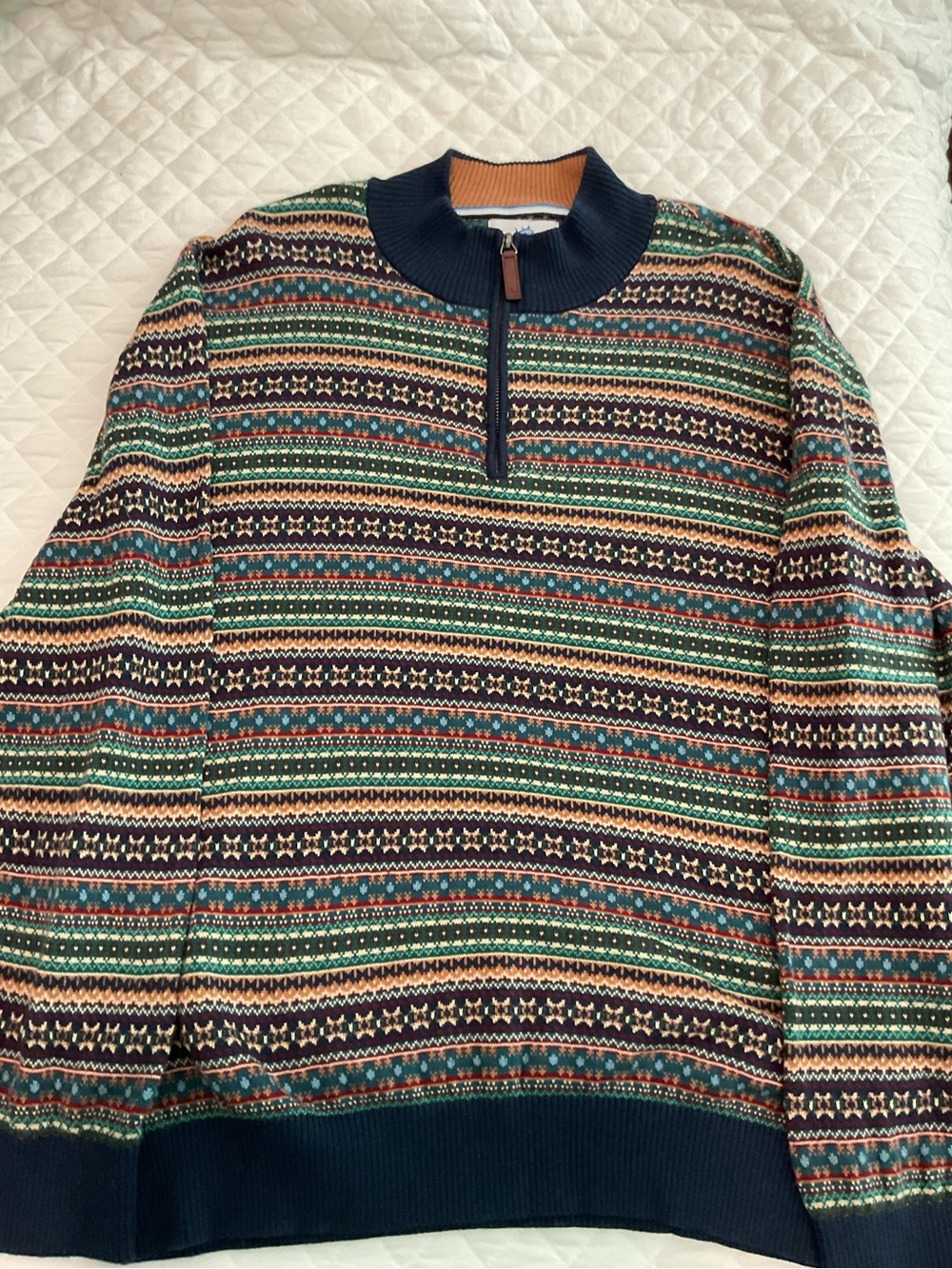 Southern Tide Men's Heather Fair Isle Quarter Zip Sweater - Navy, Green,Cream XL